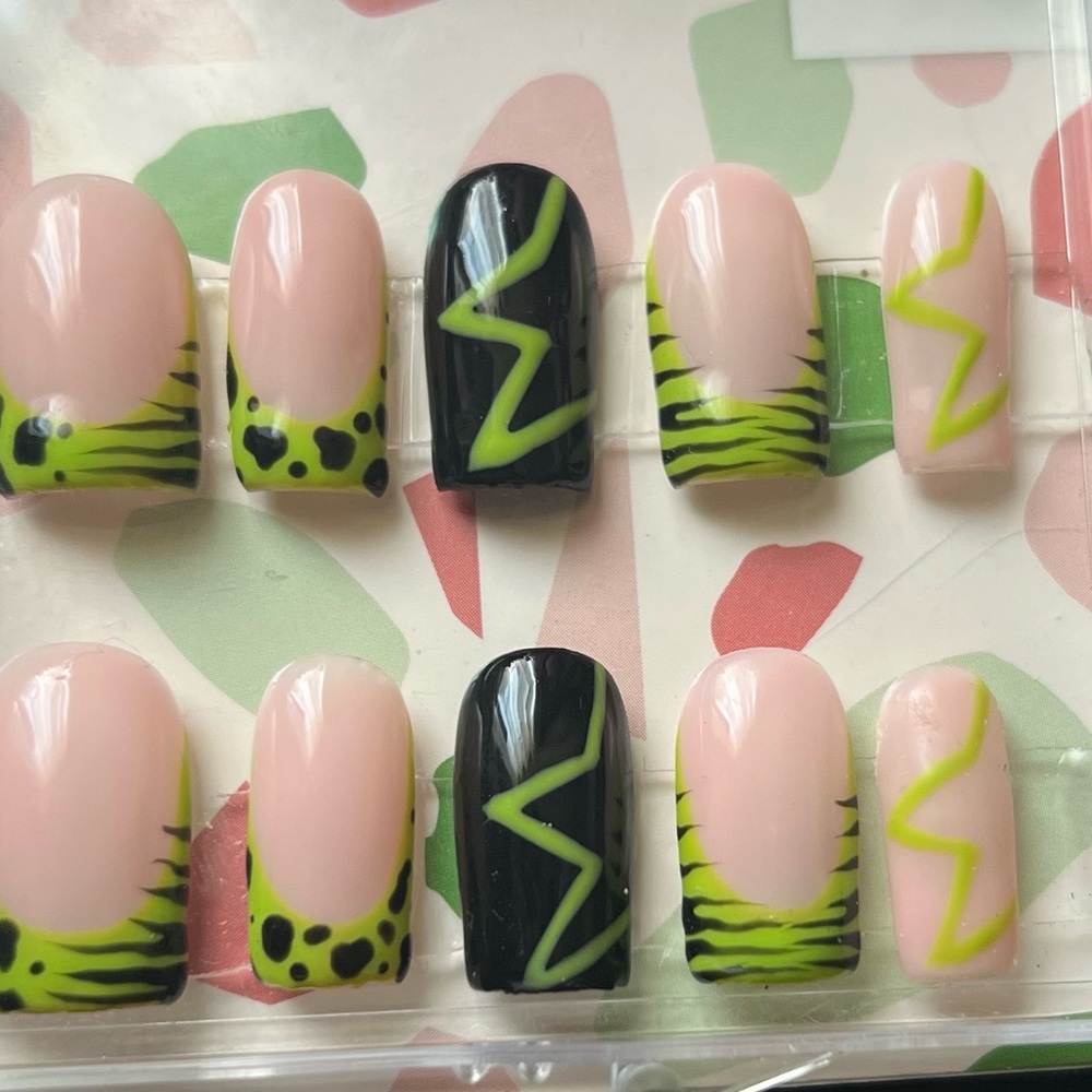 Pink and Black Nail Art Set with Green Accents